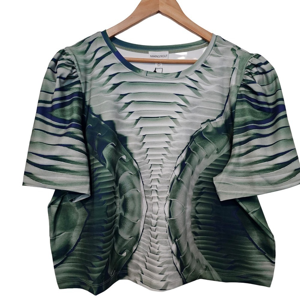 Making the Cut Puff Sleeve Blouse Womens Size 2X Green Skeleton Crop Top Stretch